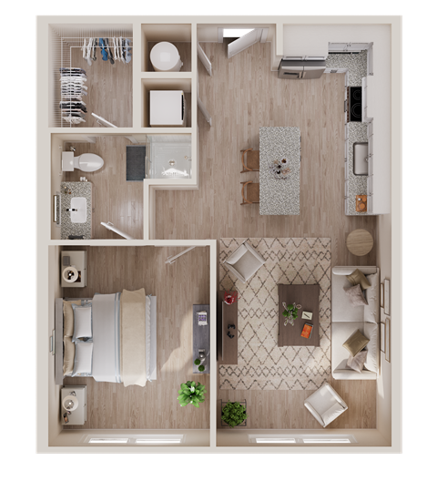 Floor plan for 1 bed, 1 bath, 642 sqft